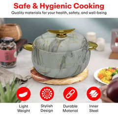 Prime Pick Elegant Golden Handles Marble Finish Casserole Set of-3 (1L+2L+3.5L)