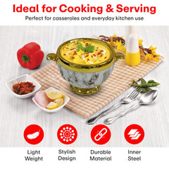 Prime Pick Elegant Golden Finish Marble Casserole Set of-3 (1.2L+1.8L+3.2L)