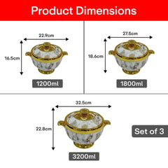 Prime Pick Elegant Golden Finish Marble Casserole Set of-3 (1.2L+1.8L+3.2L)