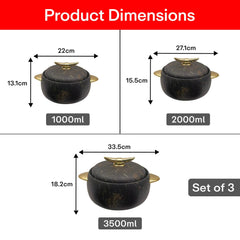 Prime Pick Elegant Golden Handles Marble Finish Casserole Set of-3 (1L+2L+3.5L)