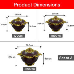 Prime Pick Luxury Casserole Set of-3 (1.2L+1.8L+3.2L) with Golden Finish