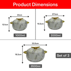 Prime Pick Elegant Golden Handles Marble Finish Casserole Set of-3 (1L+2L+3.5L)