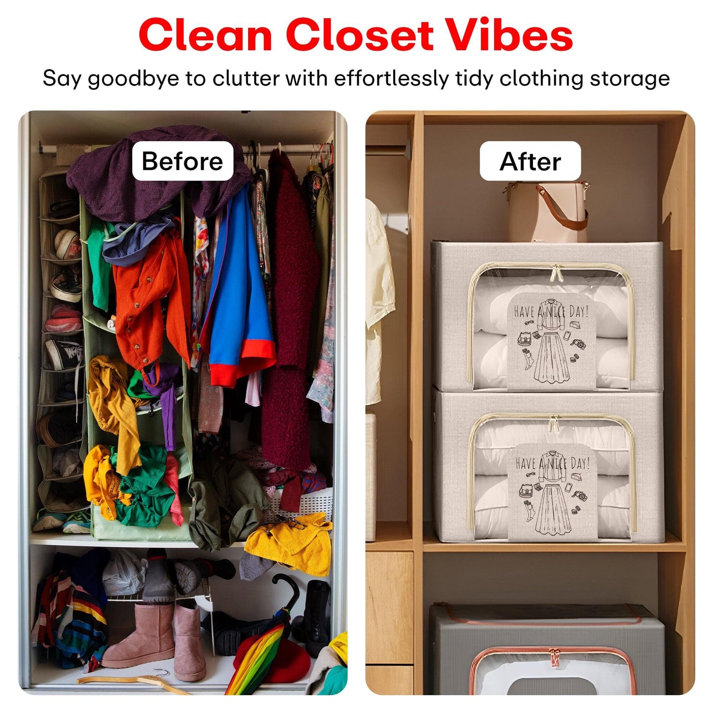 Foldable Storage Box Double Zipper Cloth Organizer – Beige Large Cloth Box with Lid & Metal Handles for Wardrobe, Sweaters, Pants – 1 Pack 42×40×60 cm