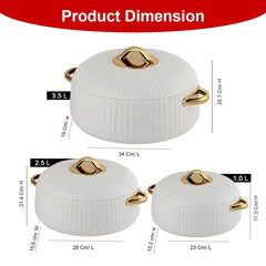 Prime Pick Luxury Ribbed Insulated Casserole with Gold Handles Set Of-3 (1L + 2.5L +3.5L)
