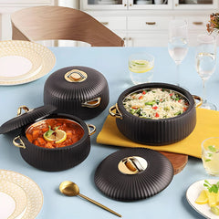 Prime Pick Luxury Ribbed Insulated Casserole with Gold Handles Set Of-3 (1L + 2.5L +3.5L)