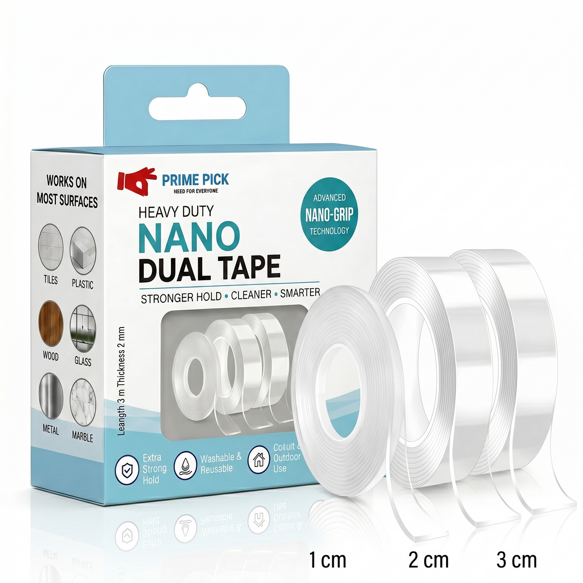 Multipurpose Double Sided Nano Tape 2MM Thickness – Strong Adhesive Reusable Tape 3M Length (1CM / 2CM / 3CM Width)