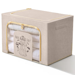 Foldable Storage Box Double Zipper Cloth Organizer – Beige Large Cloth Box with Lid & Metal Handles for Wardrobe, Sweaters, Pants – 1 Pack 42×40×60 cm