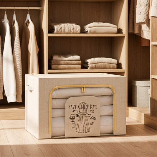 Foldable Storage Box Double Zipper Cloth Organizer – Beige Large Cloth Box with Lid & Metal Handles for Wardrobe, Sweaters, Pants – 1 Pack 42×40×60 cm