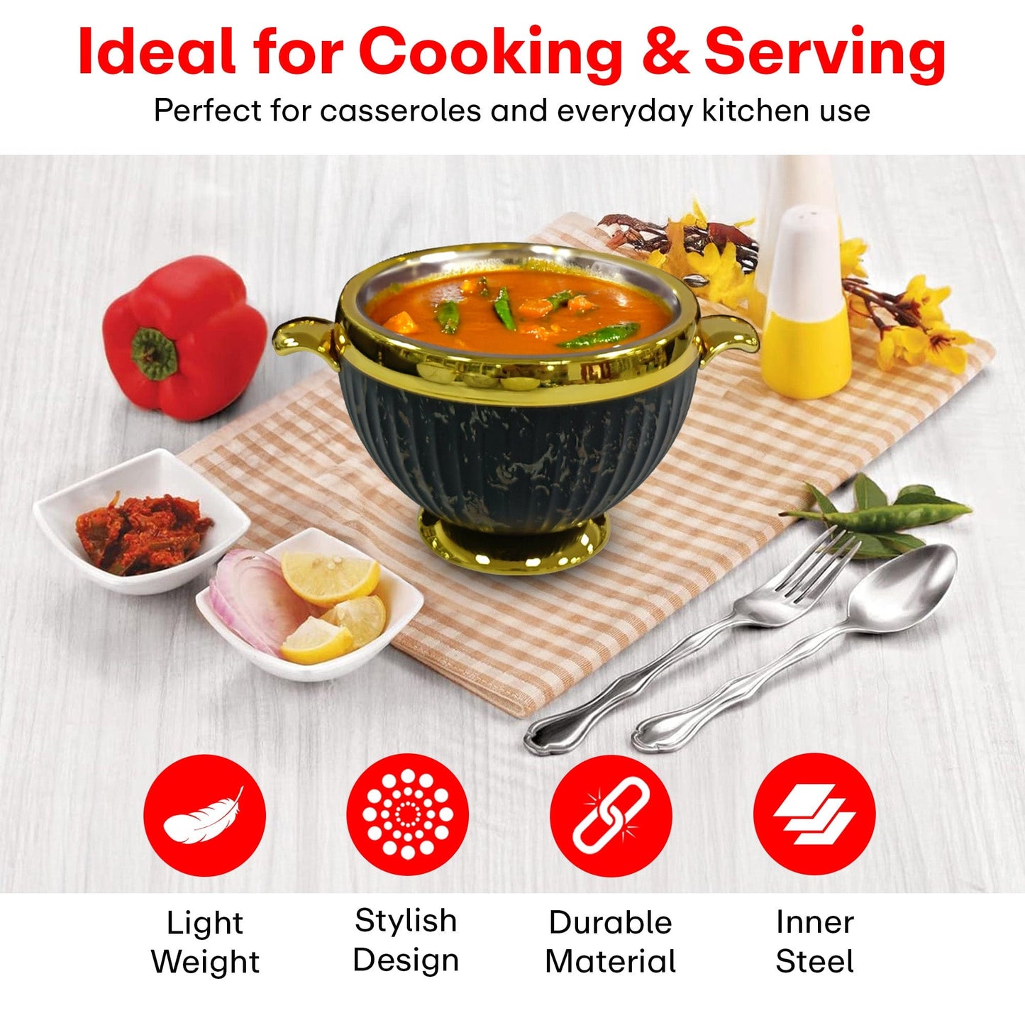 Prime Pick Elegant Golden Finish Marble Casserole Set of-3 (1.2L+1.8L+3.2L)