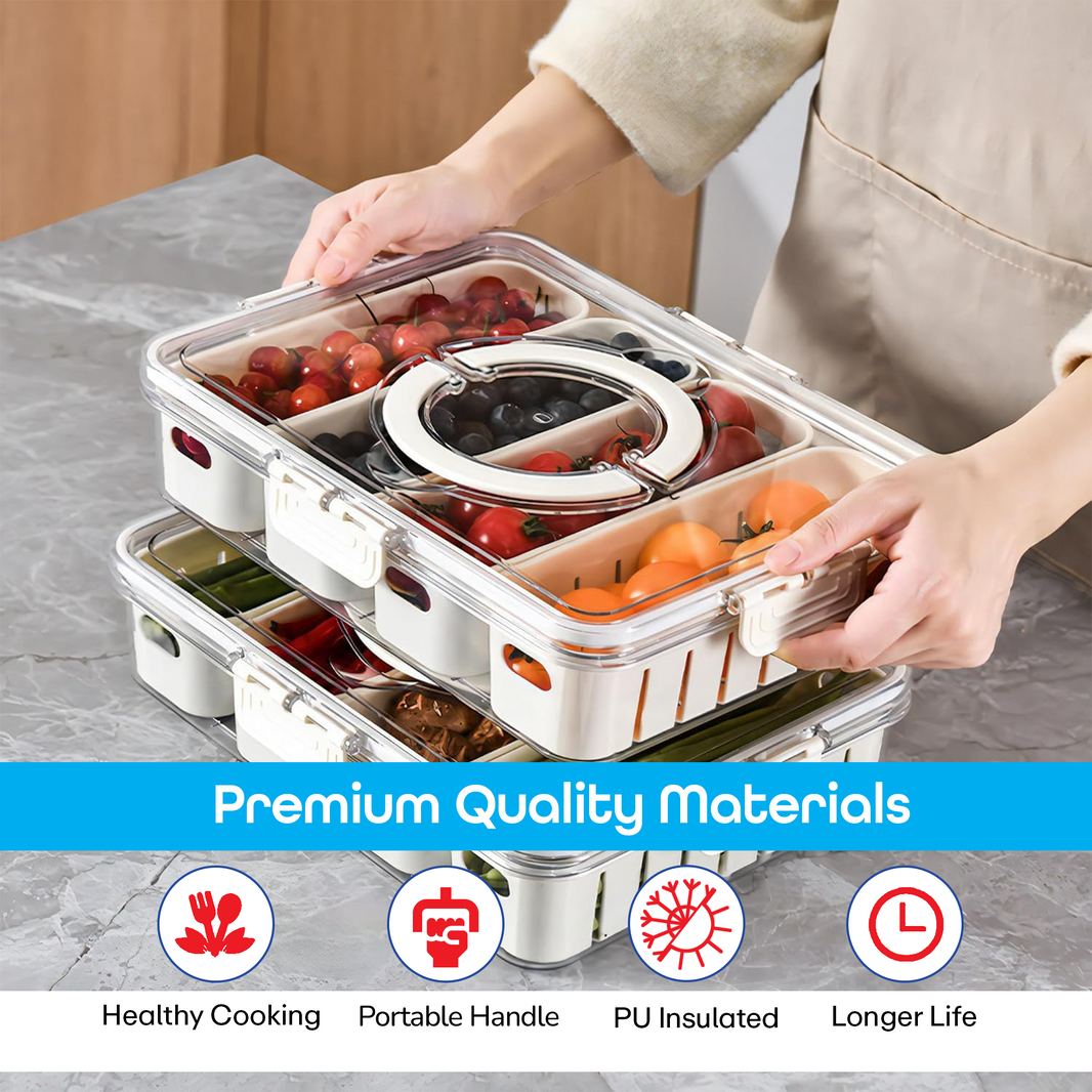 PRIME PICK Divided Fridge Storage Container with Lids Stackable Food for Fruit&Veggie Plastic Organizer Bins for Pantry Freezer Clear Snack Box for Meal Prep Candy Nuts Spice (4 Compartment)