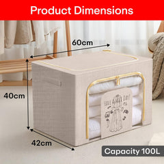 Foldable Storage Box Double Zipper Cloth Organizer – Beige Large Cloth Box with Lid & Metal Handles for Wardrobe, Sweaters, Pants – 1 Pack 42×40×60 cm