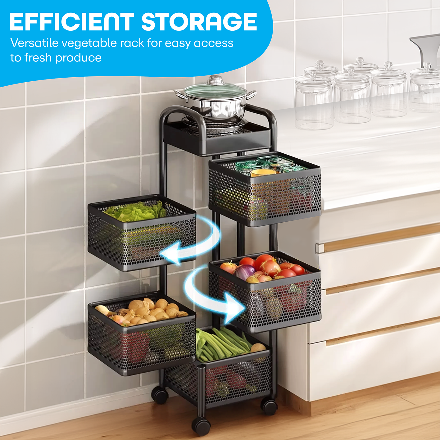 Prime Pick 5 Layer Metal Kitchen Rotating Trolley Portable Storage Rack