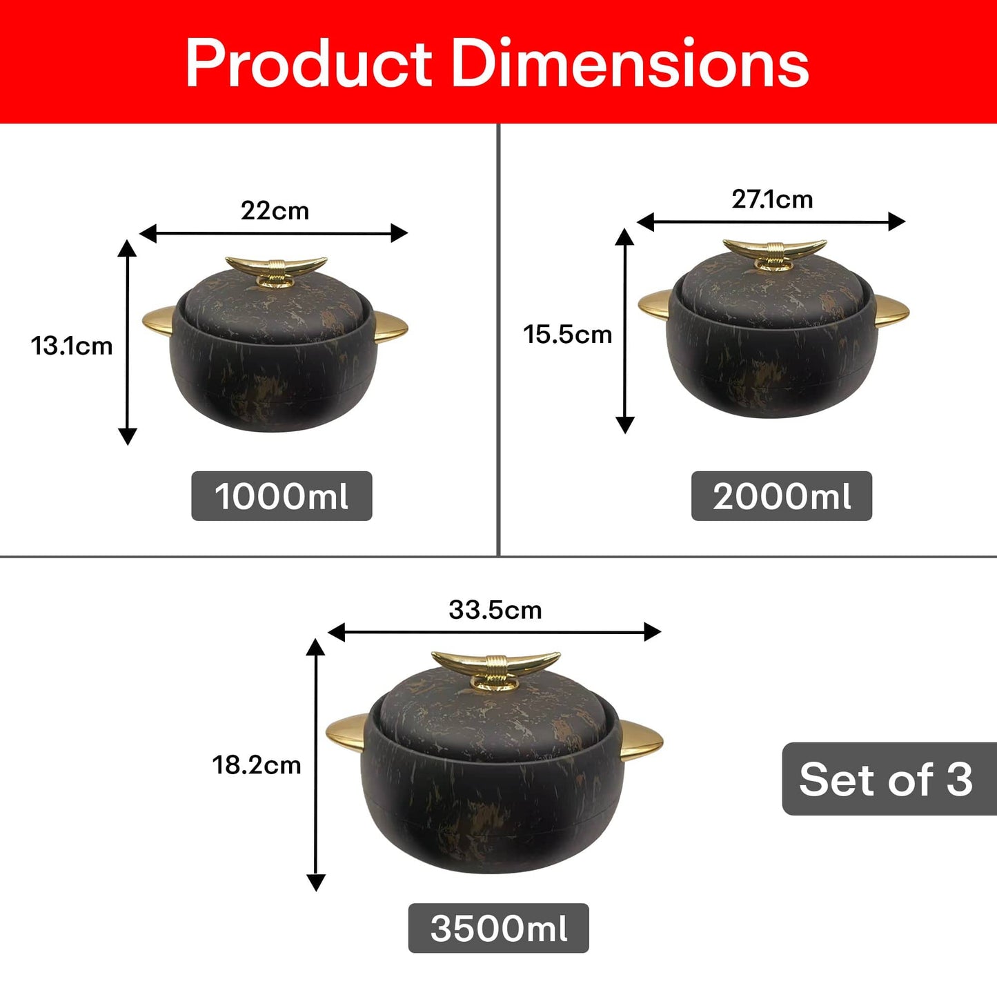 Prime Pick Elegant Golden Handles Marble Finish Casserole Set of-3 (1L+2L+3.5L)