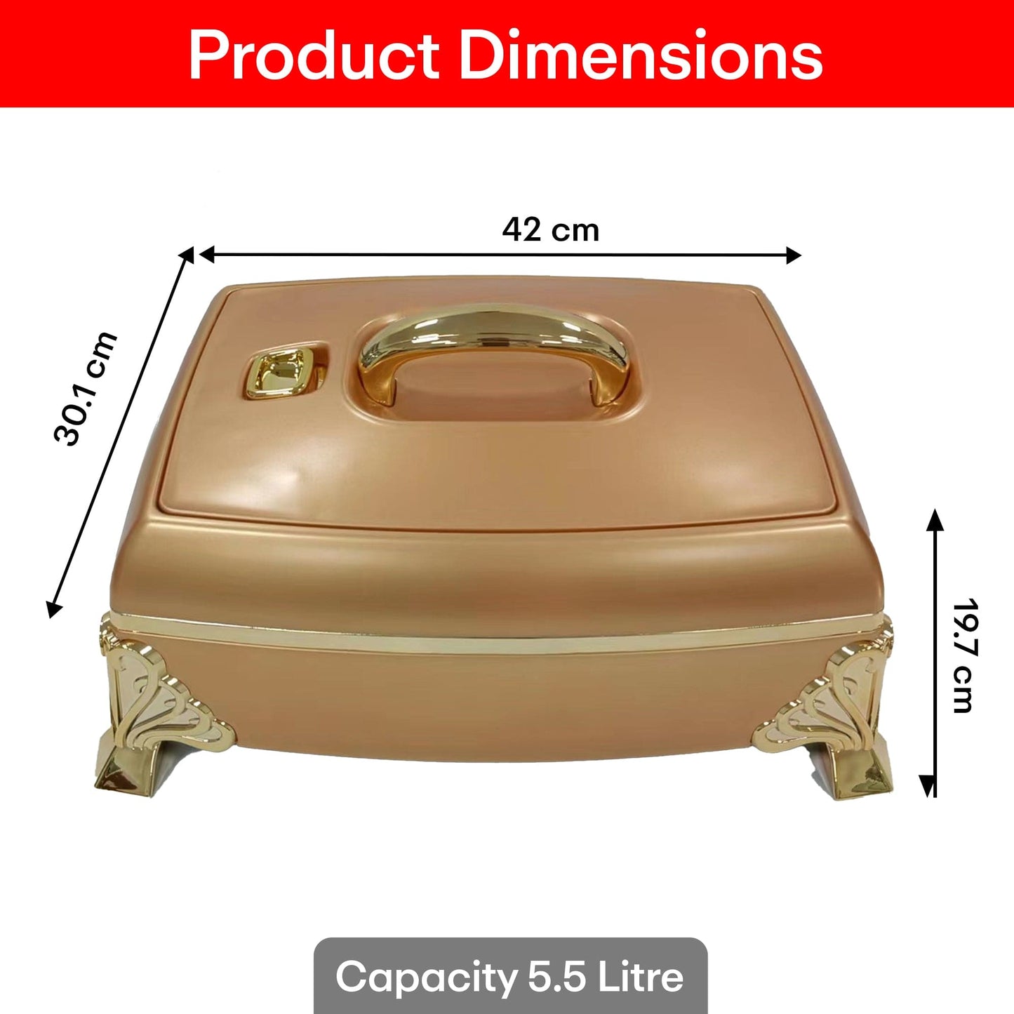 Prime Pick Luxury Rectangular Casserole 5.5L with Golden Legs & Handle