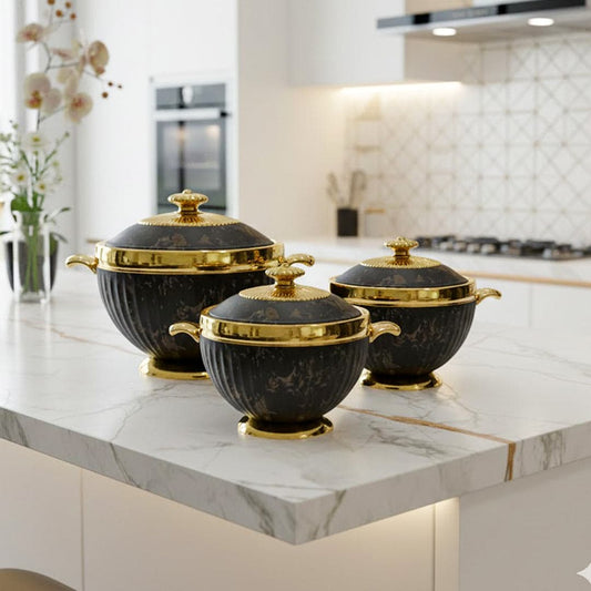 Prime Pick Elegant Golden Finish Marble Casserole Set of-3 (1.2L+1.8L+3.2L)