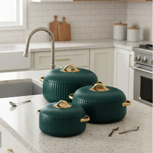 Prime Pick Luxury Ribbed Insulated Casserole with Gold Handles Set Of-3 (1L + 2.5L +3.5L)