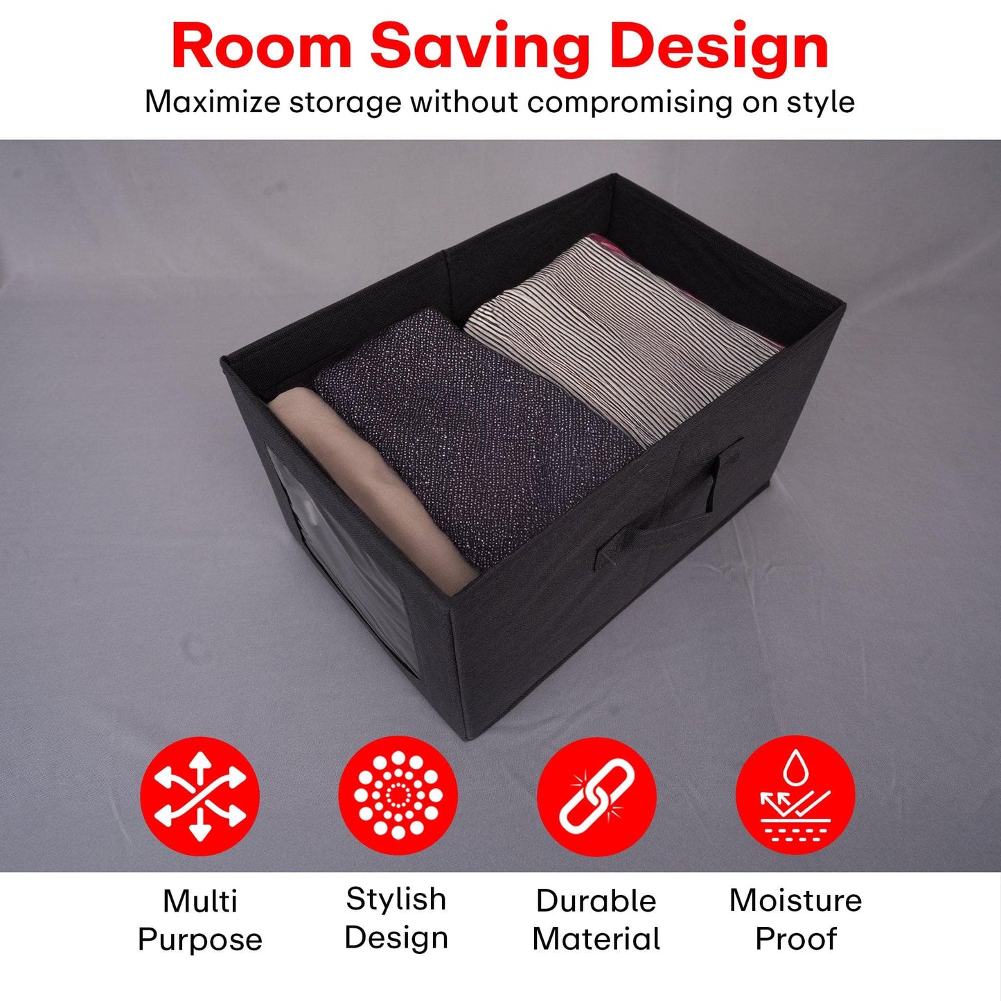 PRIME PICK Foldable Storage Box with Bamboo Front, Grey – 1 Pack, 38x25x21 cm