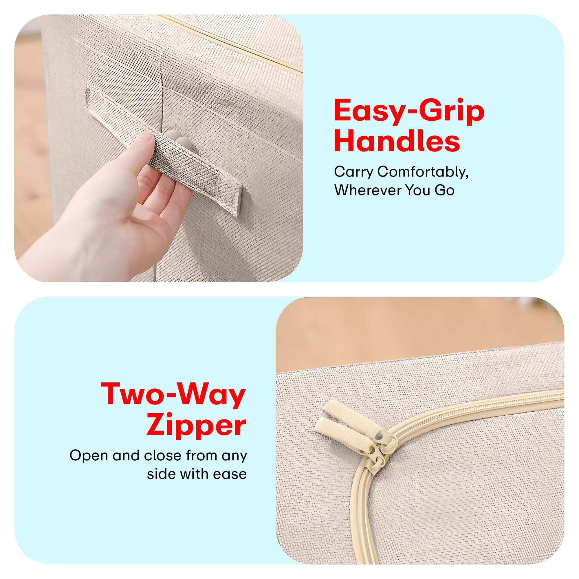 Foldable Storage Box Double Zipper Cloth Organizer – Beige Large Cloth Box with Lid & Metal Handles for Wardrobe, Sweaters, Pants – 1 Pack 42×40×60 cm