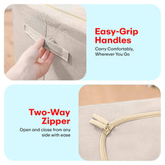 Foldable Storage Box Double Zipper Cloth Organizer – Beige Large Cloth Box with Lid & Metal Handles for Wardrobe, Sweaters, Pants – 1 Pack 42×40×60 cm