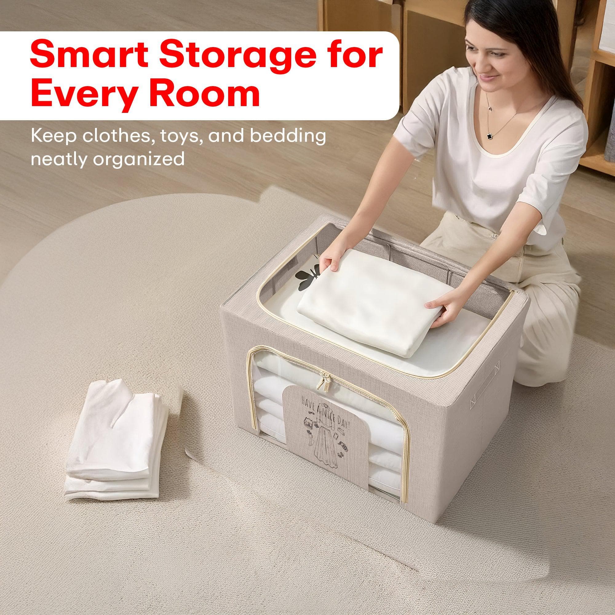 Foldable Storage Box Double Zipper Cloth Organizer – Beige Large Cloth Box with Lid & Metal Handles for Wardrobe, Sweaters, Pants – 1 Pack 42×40×60 cm