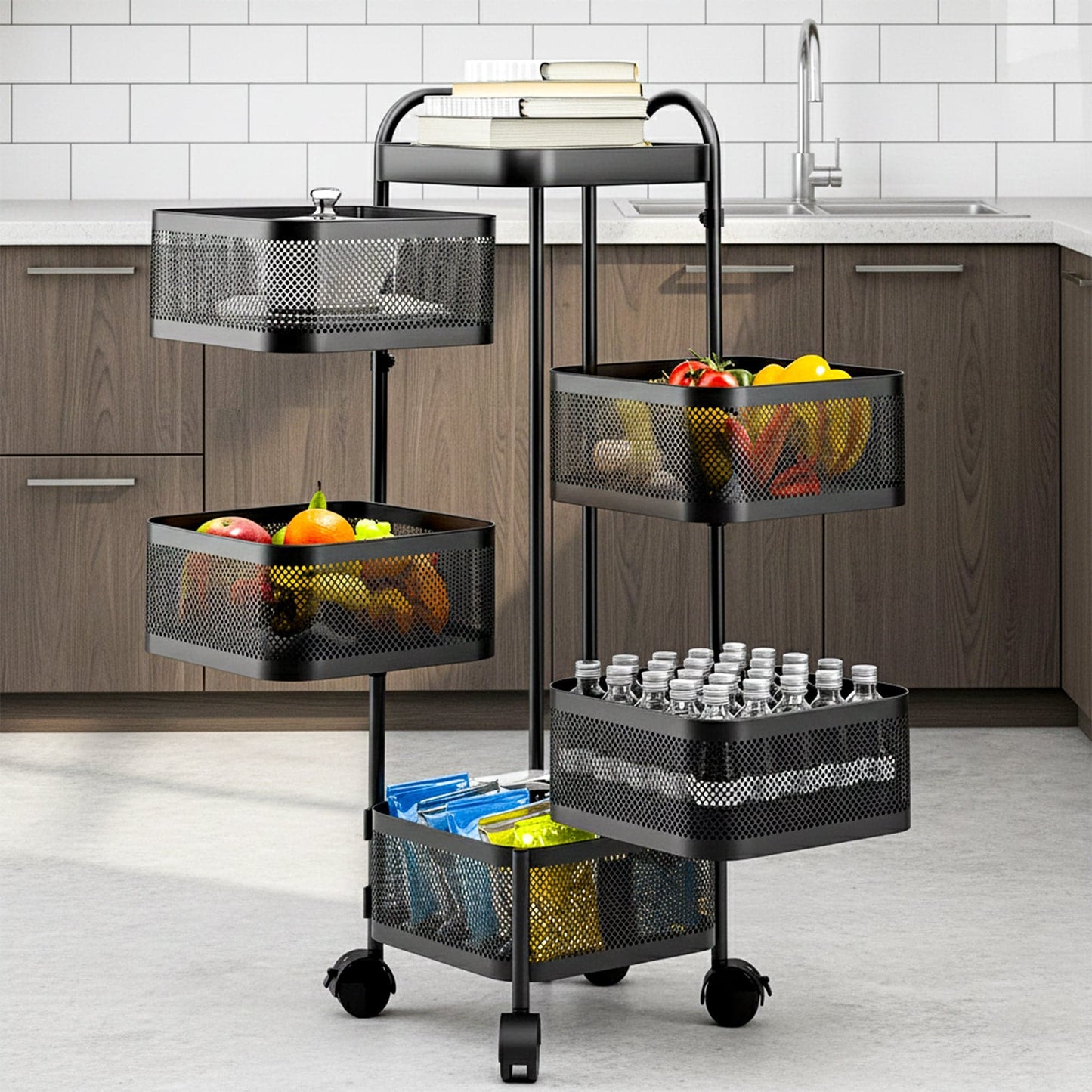 Prime Pick 5 Layer Metal Kitchen Rotating Trolley Portable Storage Rack