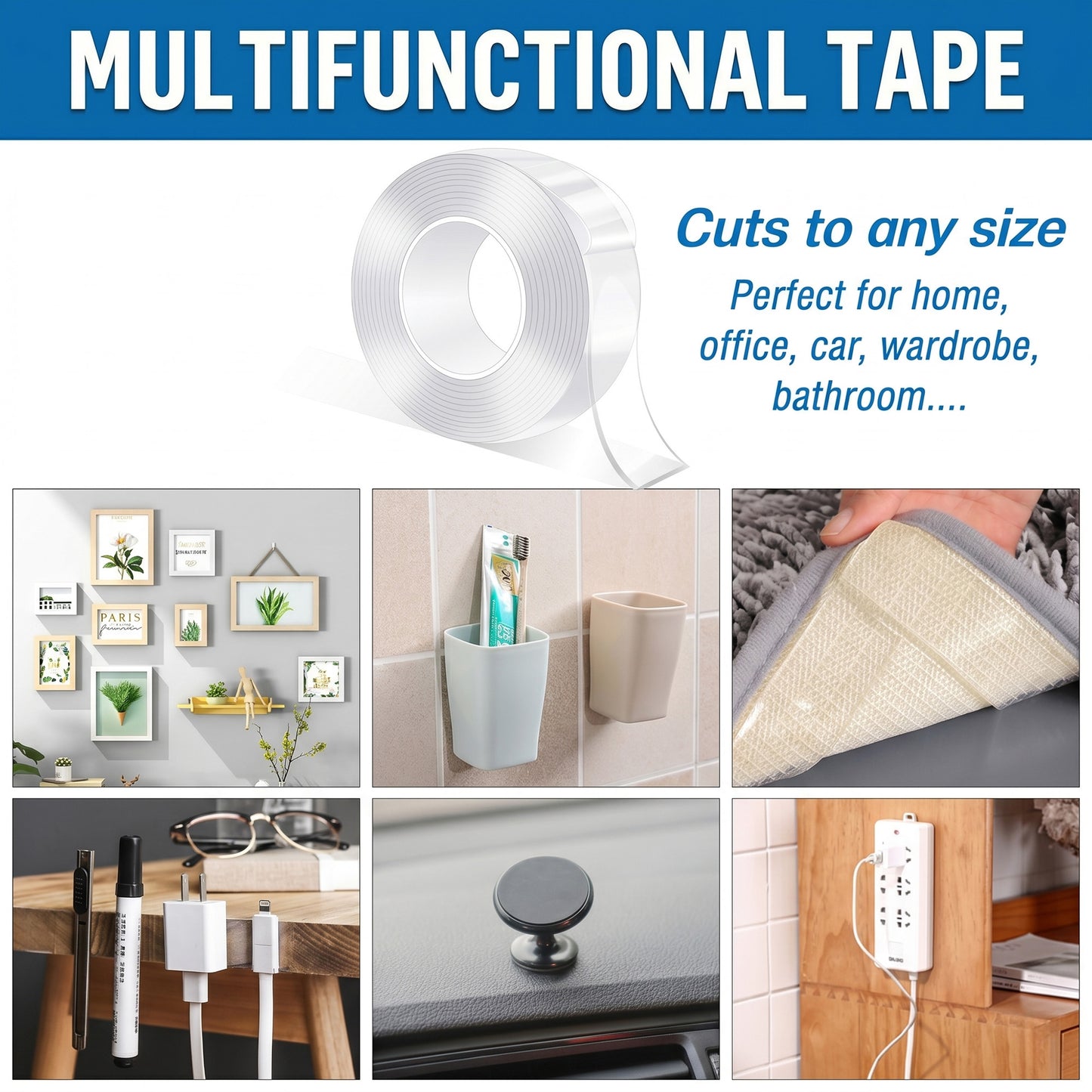 Multipurpose Double Sided Tape 1MM Thickness – Strong Adhesive Nano Tape 3M x 3CM Reusable Wall Mounting Tape