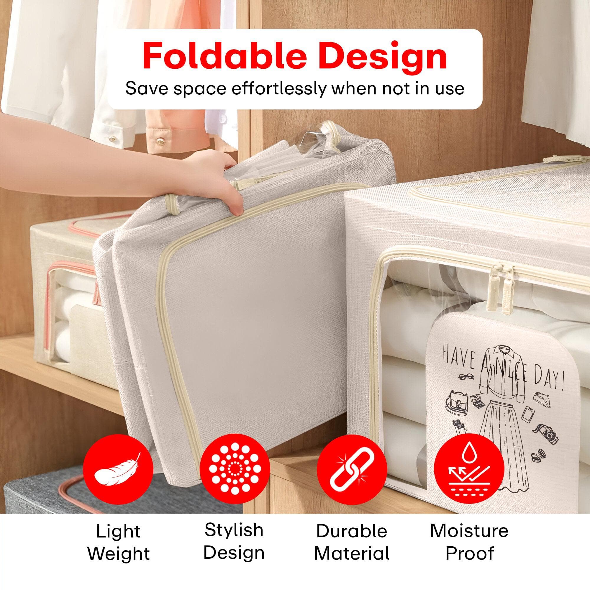 Foldable Storage Box Double Zipper Cloth Organizer – Beige Large Cloth Box with Lid & Metal Handles for Wardrobe, Sweaters, Pants – 1 Pack 42×40×60 cm