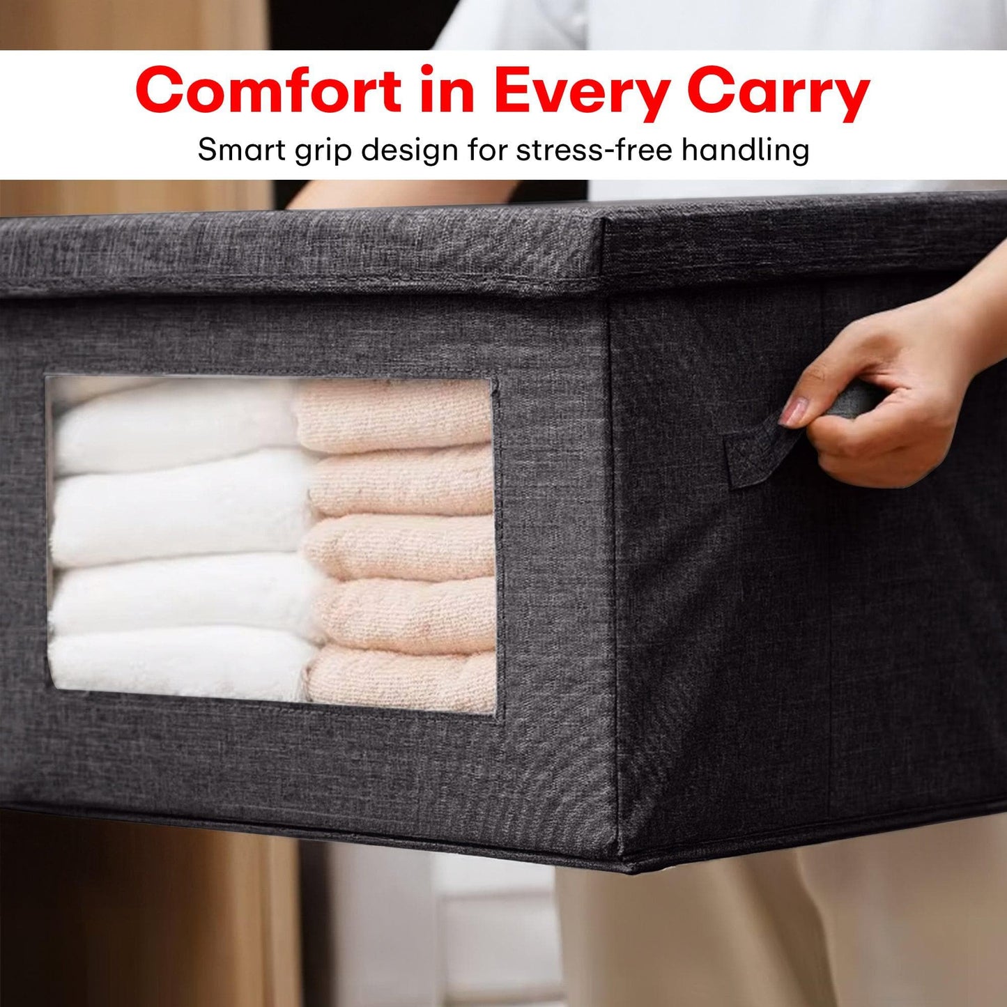 PRIME PICK Foldable Storage Box with Bamboo Front, Grey – 1 Pack, 38x25x21 cm