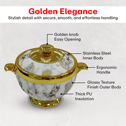 Prime Pick Elegant Golden Finish Marble Casserole Set of-3 (1.2L+1.8L+3.2L)