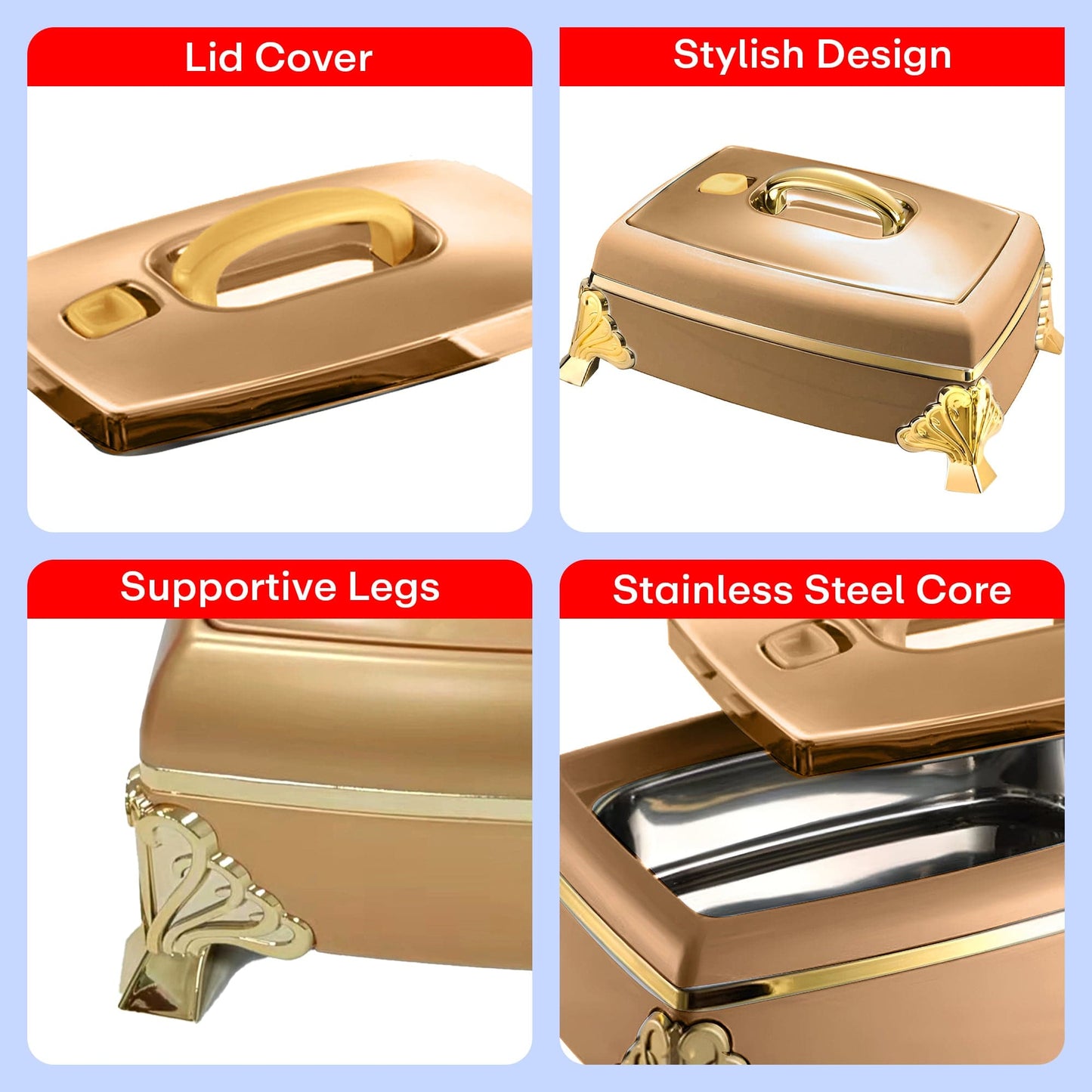 Prime Pick Luxury Rectangular Casserole 5.5L with Golden Legs & Handle