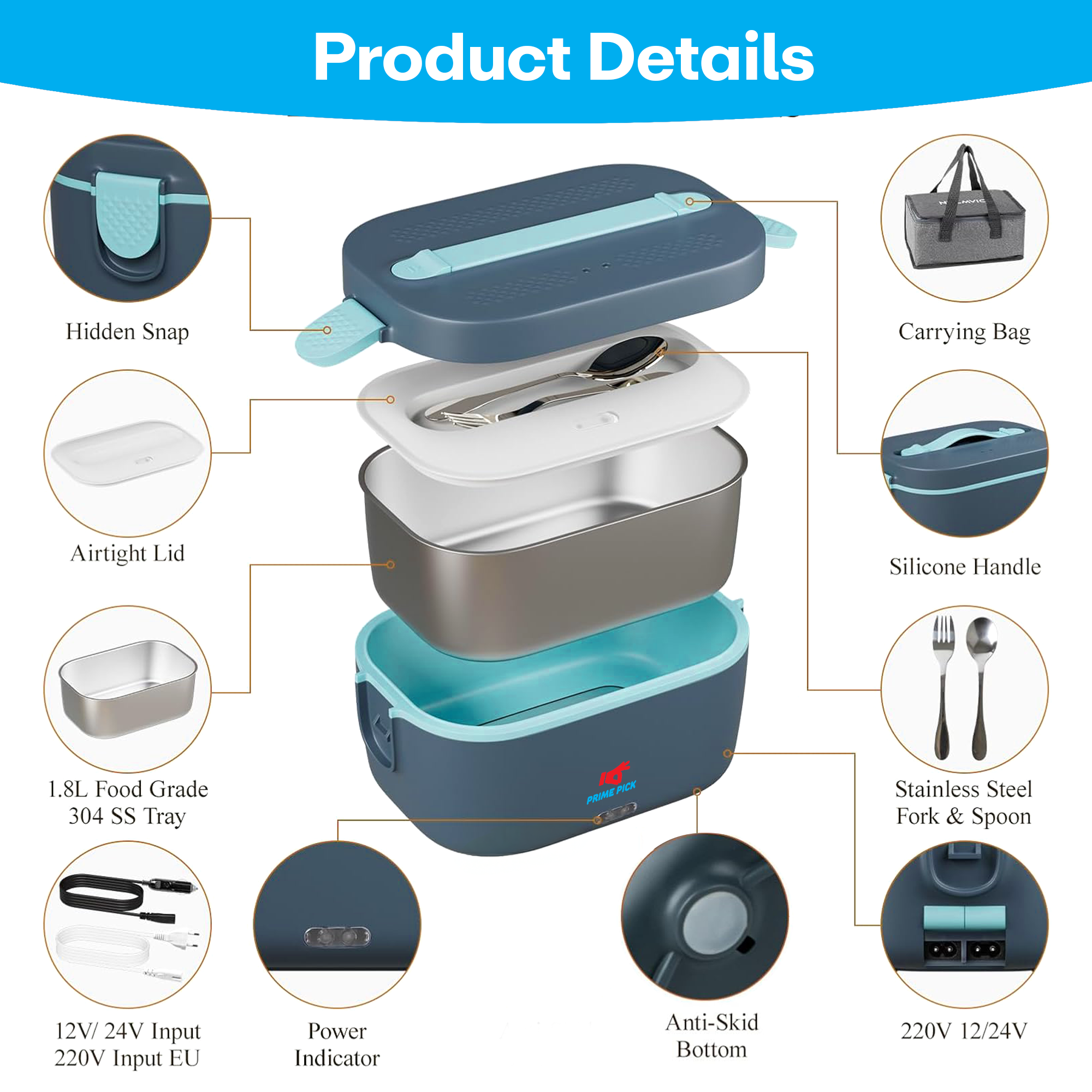 Prime Pick Electric Lunch Box 80W 1.8L 4 In1 Portable Food Warmer