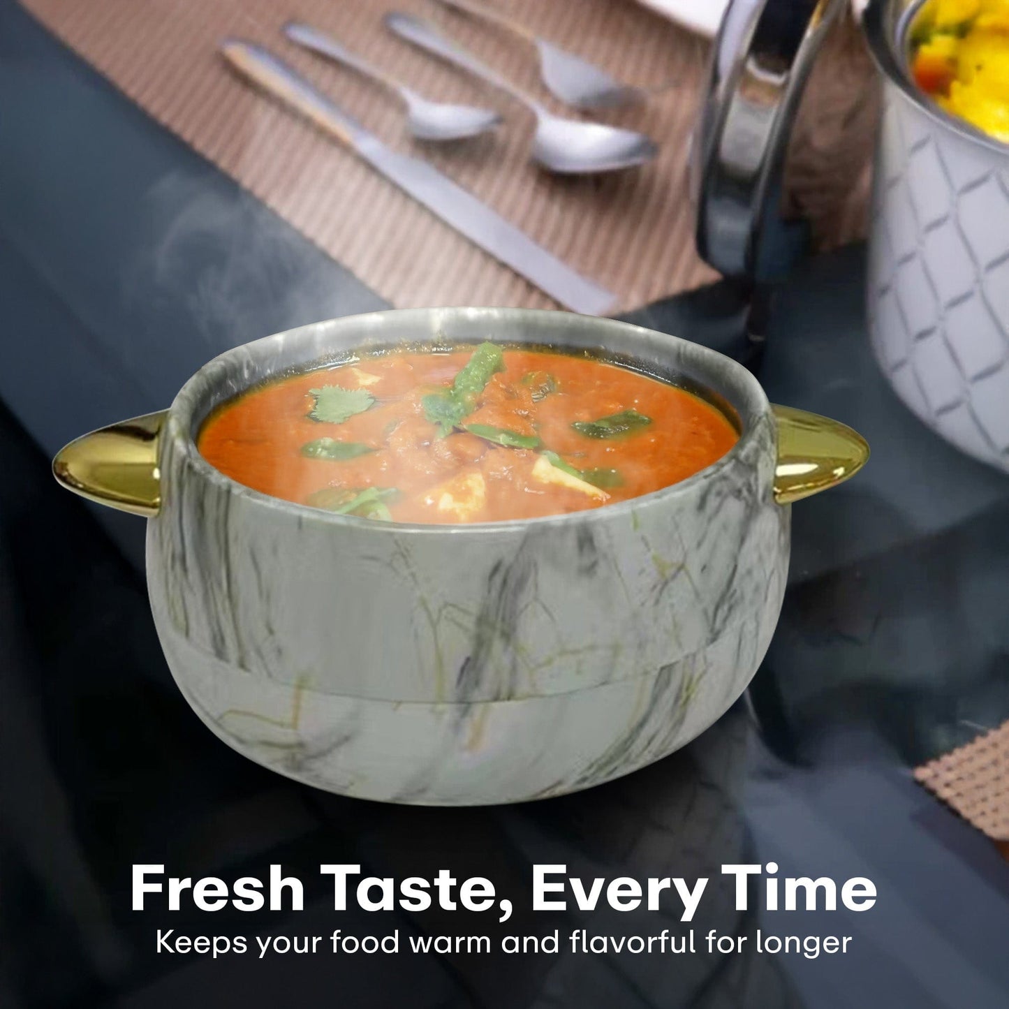 Prime Pick Elegant Golden Handles Marble Finish Casserole Set of-3 (1L+2L+3.5L)