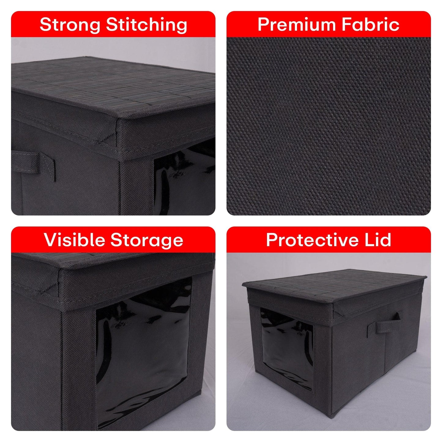 PRIME PICK Foldable Storage Box with Bamboo Front, Grey – 1 Pack, 38x25x21 cm
