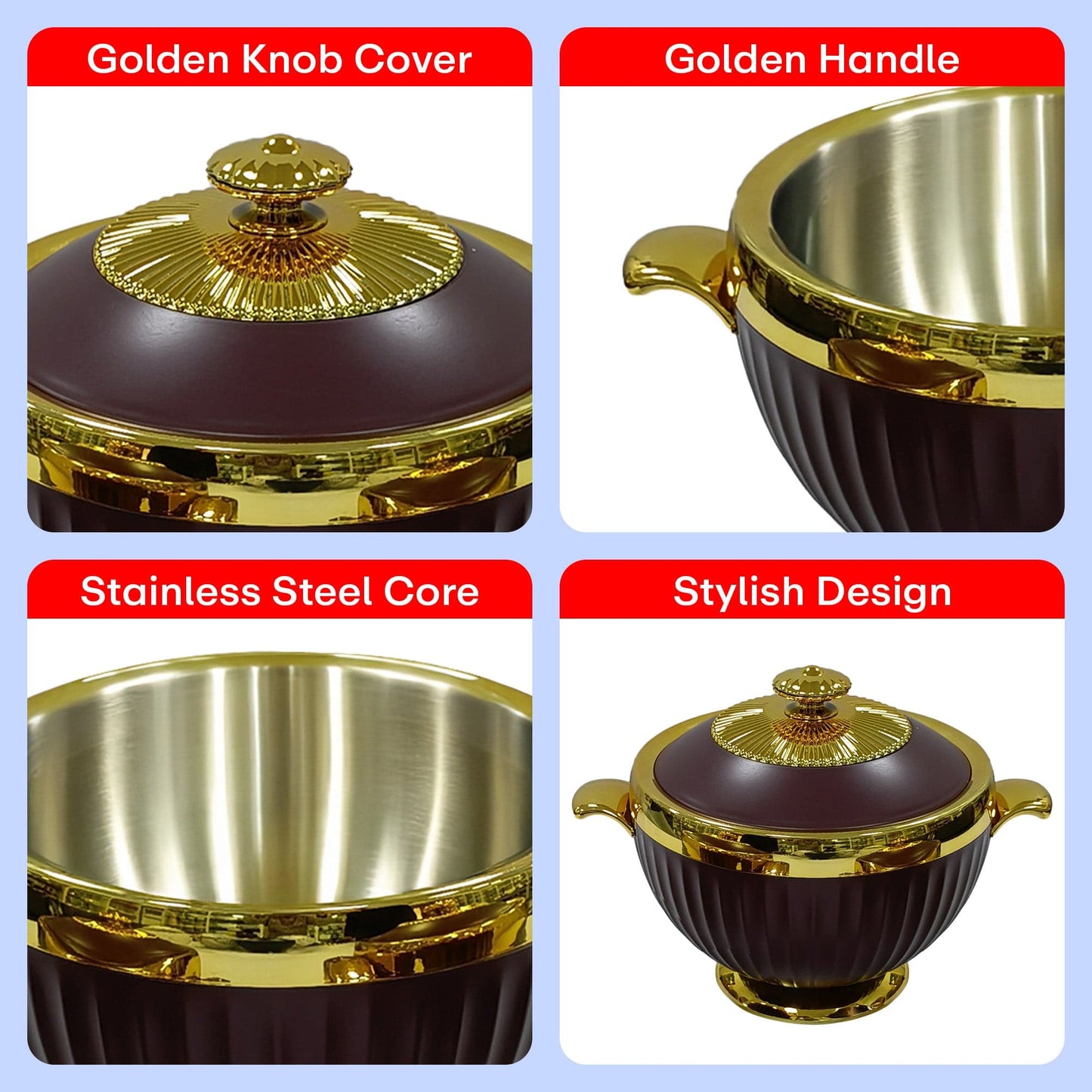 Prime Pick Luxury Casserole Set of-3 (1.2L+1.8L+3.2L) with Golden Finish