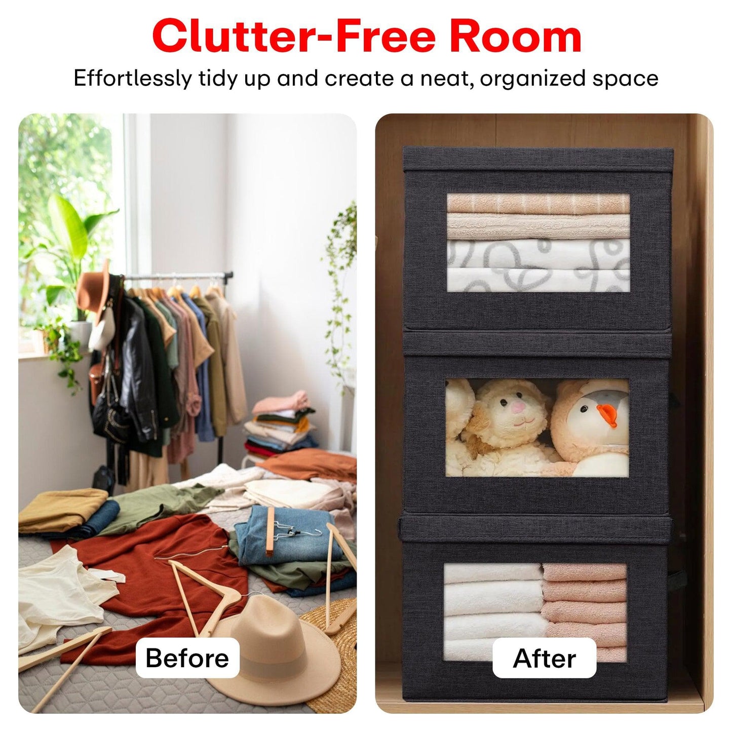 PRIME PICK Foldable Storage Box with Bamboo Front, Grey – 1 Pack, 38x25x21 cm