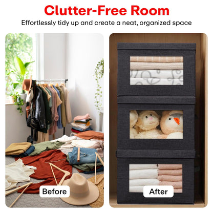 PRIME PICK Foldable Storage Box with Bamboo Front, Grey – 1 Pack, 38x25x21 cm