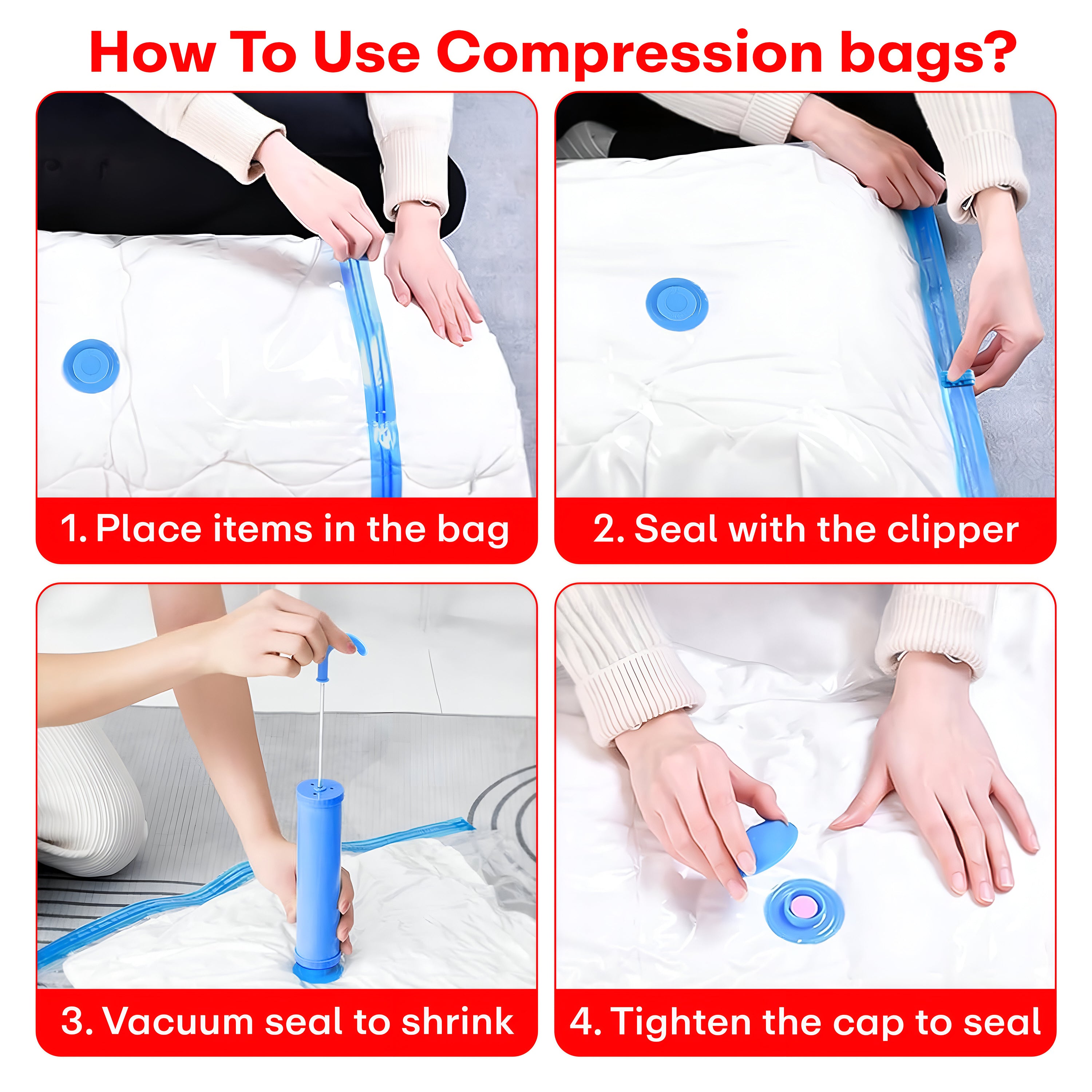 prime pick Vacuum Compression Storage Bags With Hand Pump pack of-12 3SMALL+3MEDIUM+3LARGE+3JUMBO