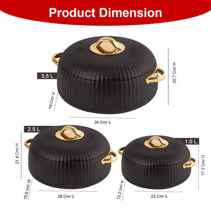 Prime Pick Luxury Ribbed Insulated Casserole with Gold Handles Set Of-3 (1L + 2.5L +3.5L)