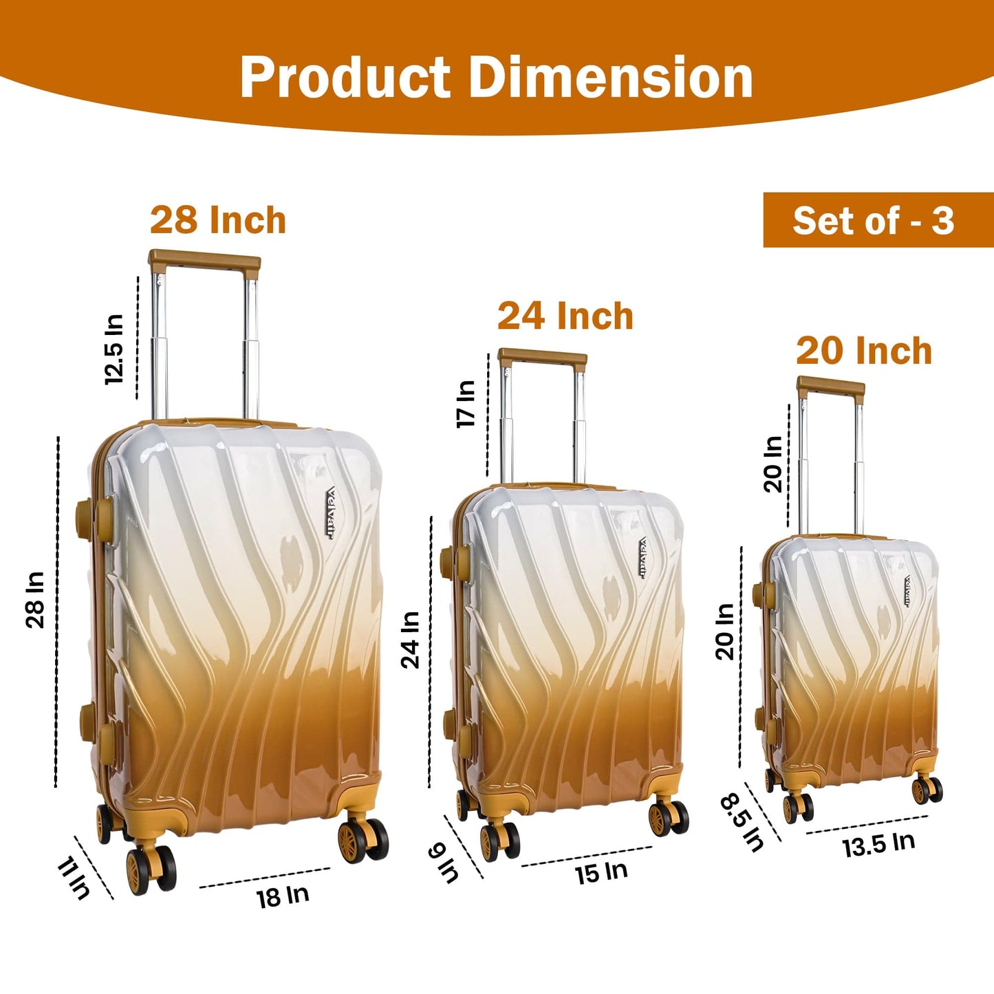 Medium Hard Shell Luggage Set of 3 (20” + 24” + 28”) – Stylish Gold Trolley Bags