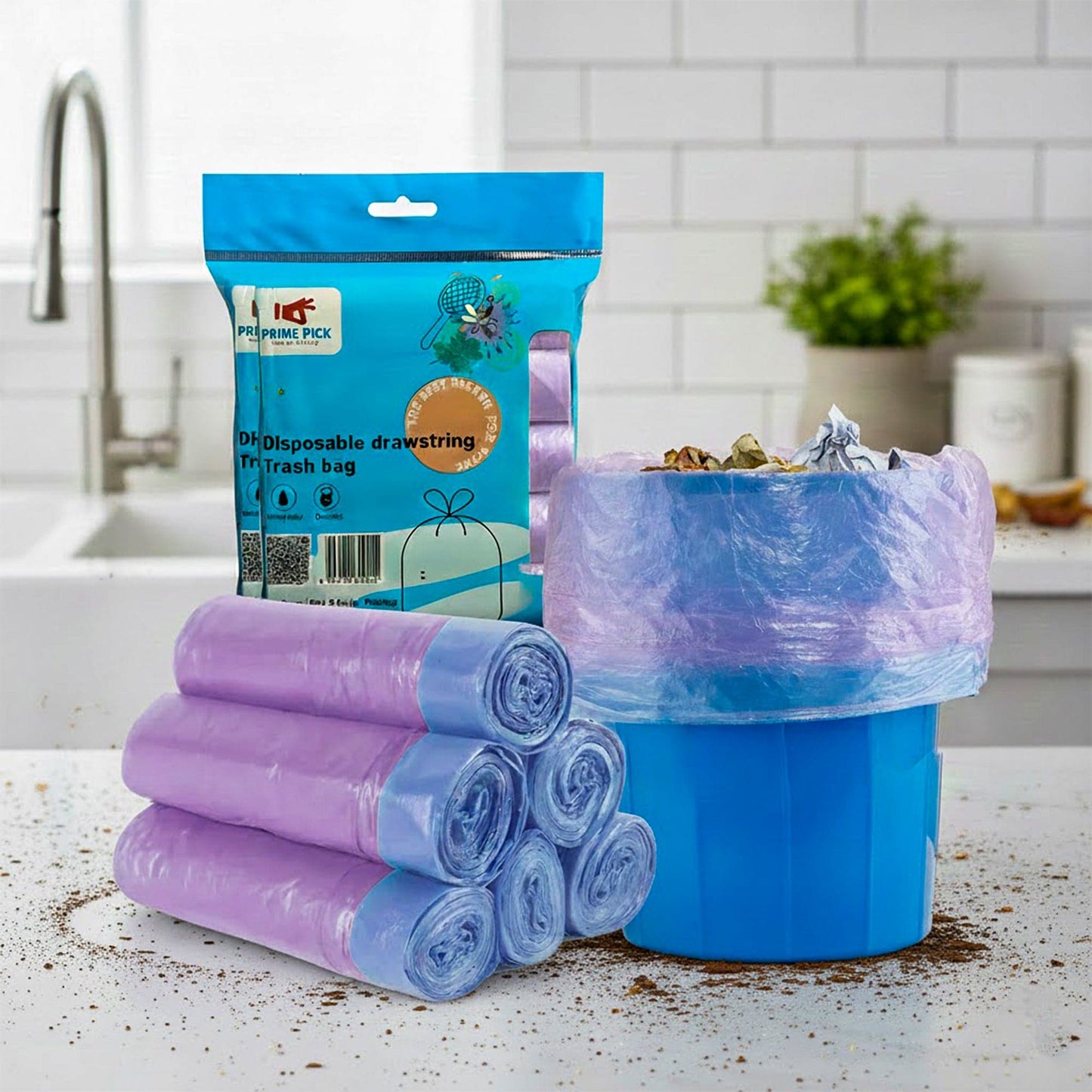 Prime Pick Drawstring Garbage Trash Bags (5 Rols In Each Pack)